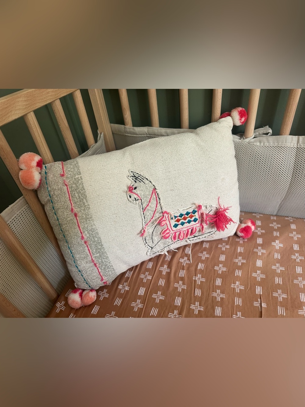 Hobby Lobby Cream Llama Embroidered Accent Pillow with Pink and Teal Details